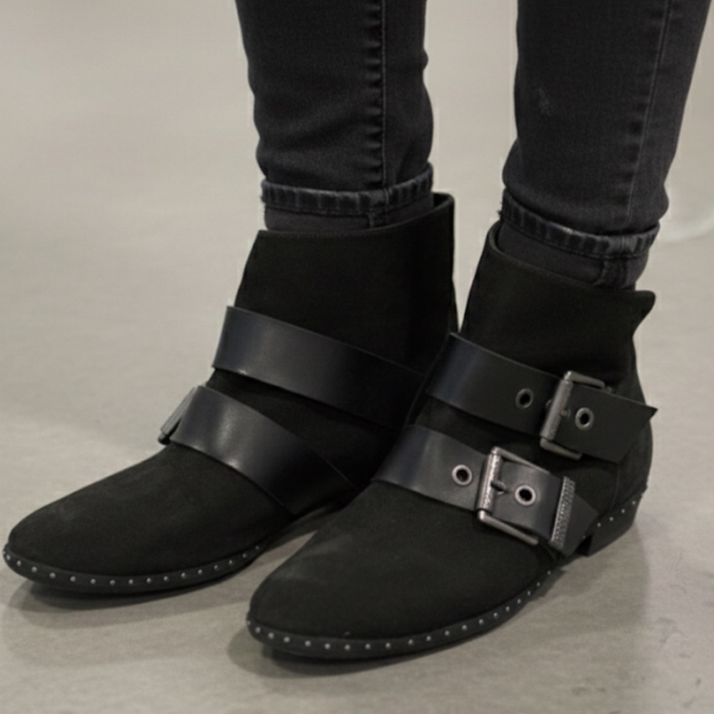 Luxury Rebel Black Suede Moto Buckle Ankle Boots Size 9